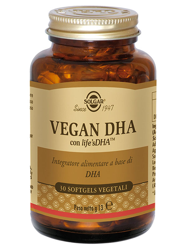 SOLGAR vegan DHA integratore alimentare contribuisce alla normale funzione celebrale e visiva durante la gravidanza 30 perle